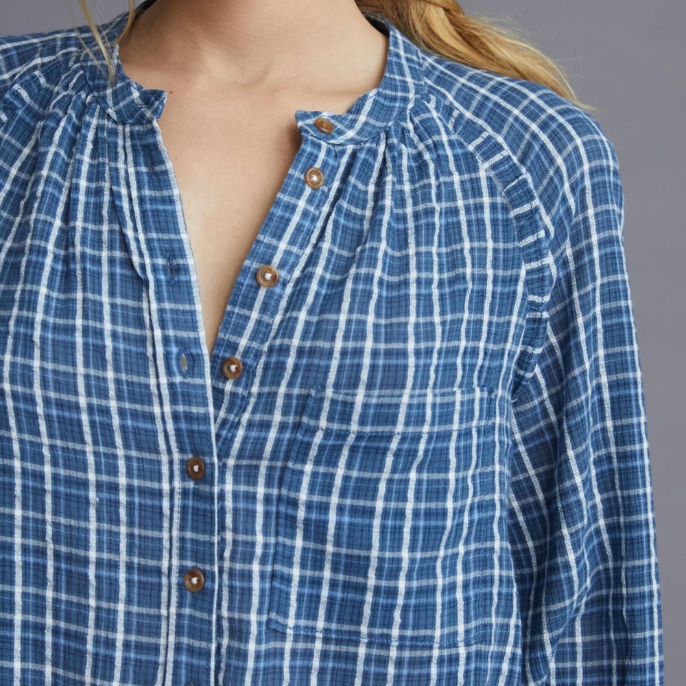 Anthropologie Pilcro Plaid Blouse 1X XL 2X Blue Button-down Shirt Dress - Picture 3 of 7